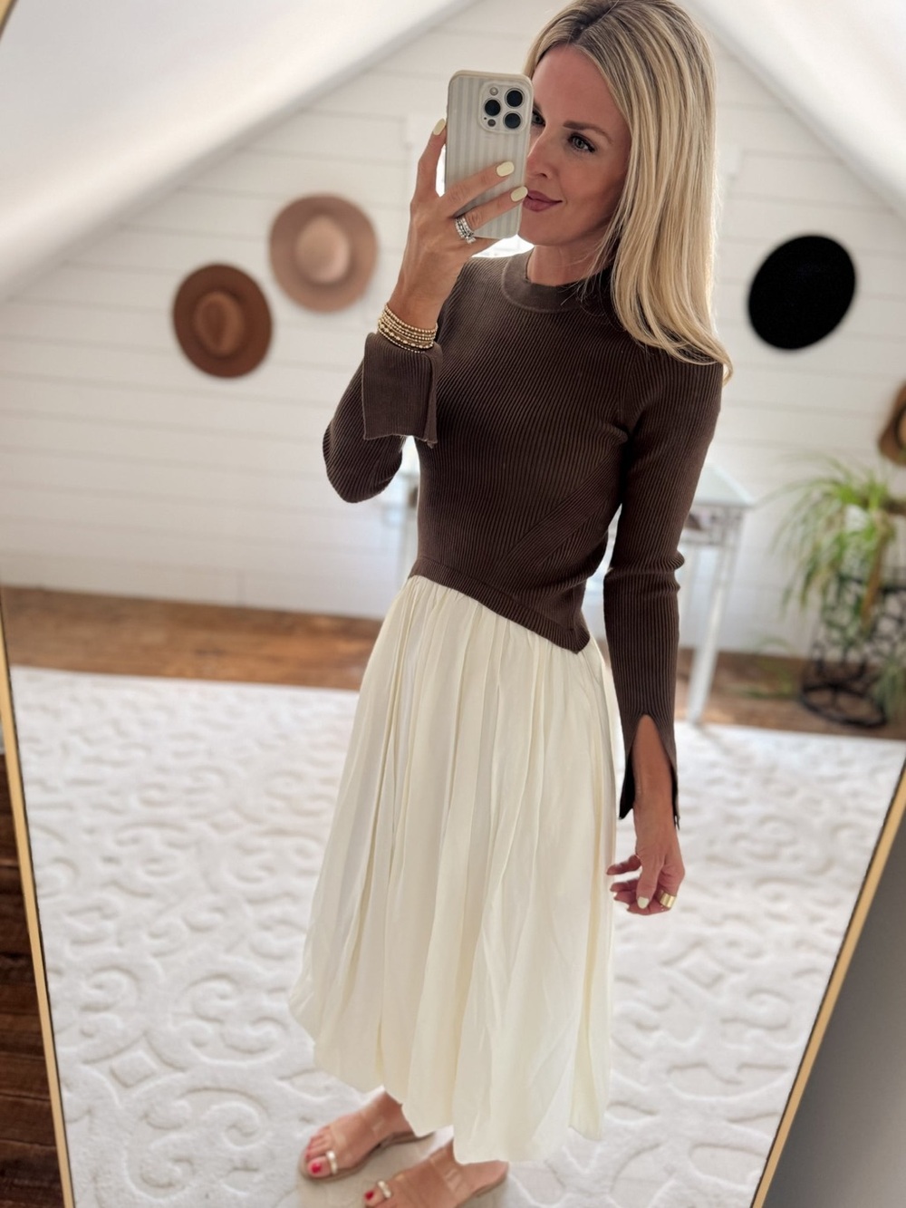 Women’s Brown Knit Top with Cream Bubble Midi Dress by Heyson